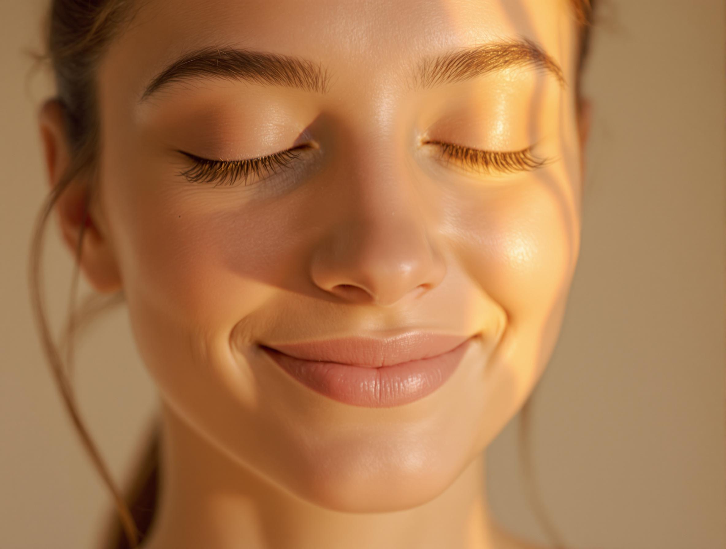 Visage apaisé, yeux fermés, dans une lumière douce