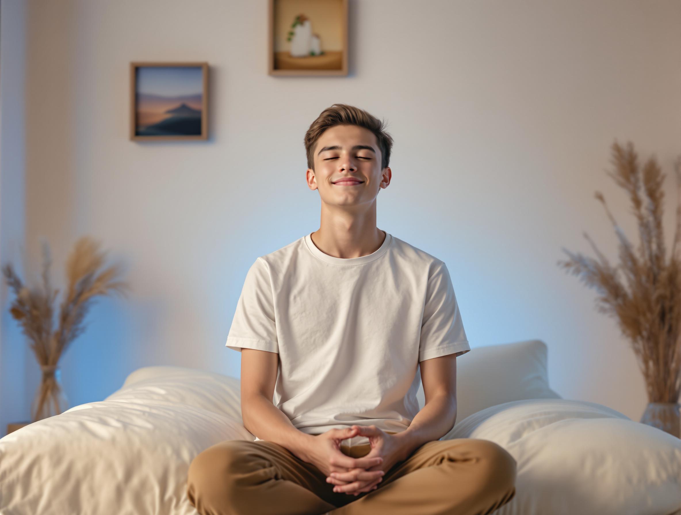 Jeune homme assis en tailleur, yeux fermés, en exercice de respiration